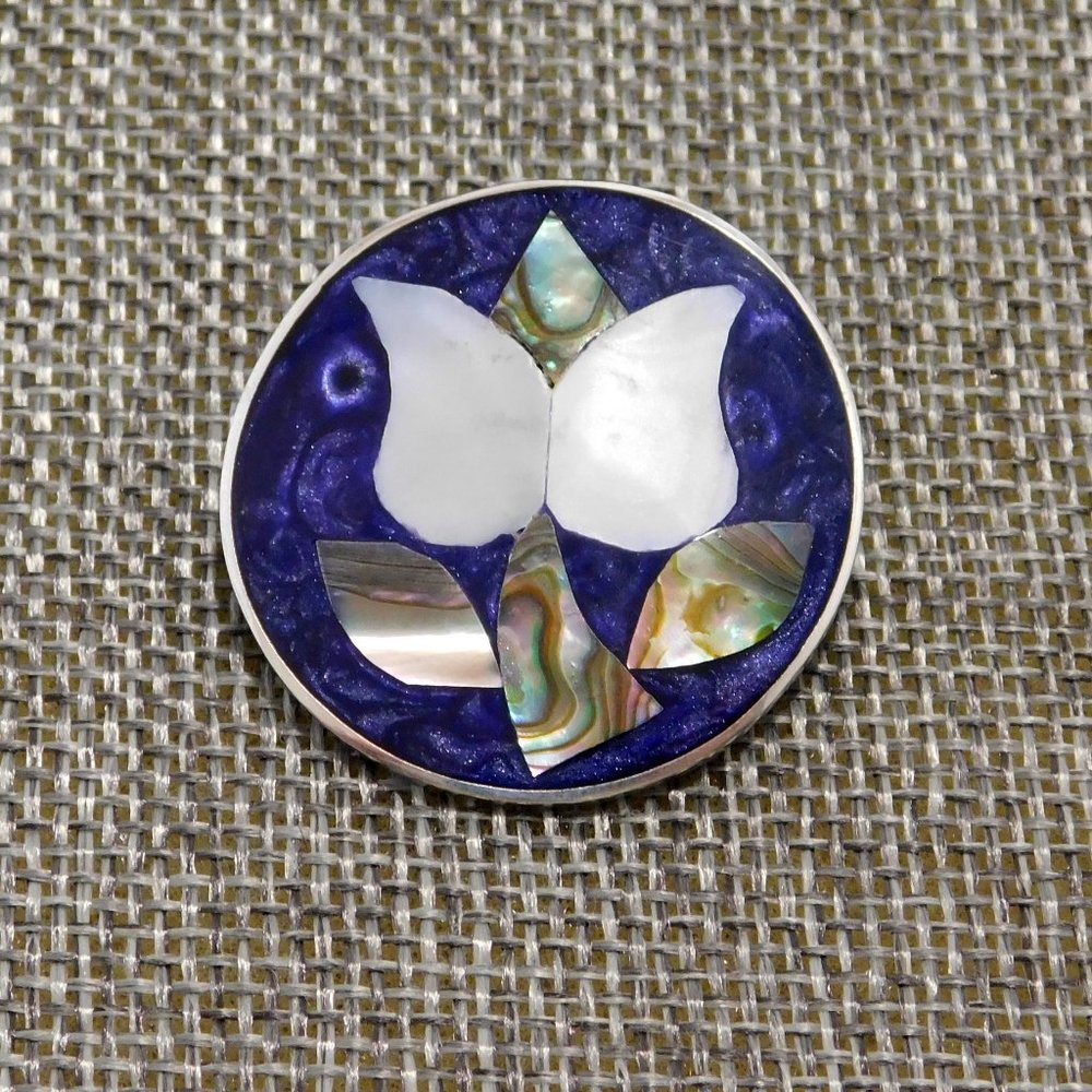 Mexican Brooch or Pendant MOP Alpaca Silver Abalone Shell Vintage Purple Enamel